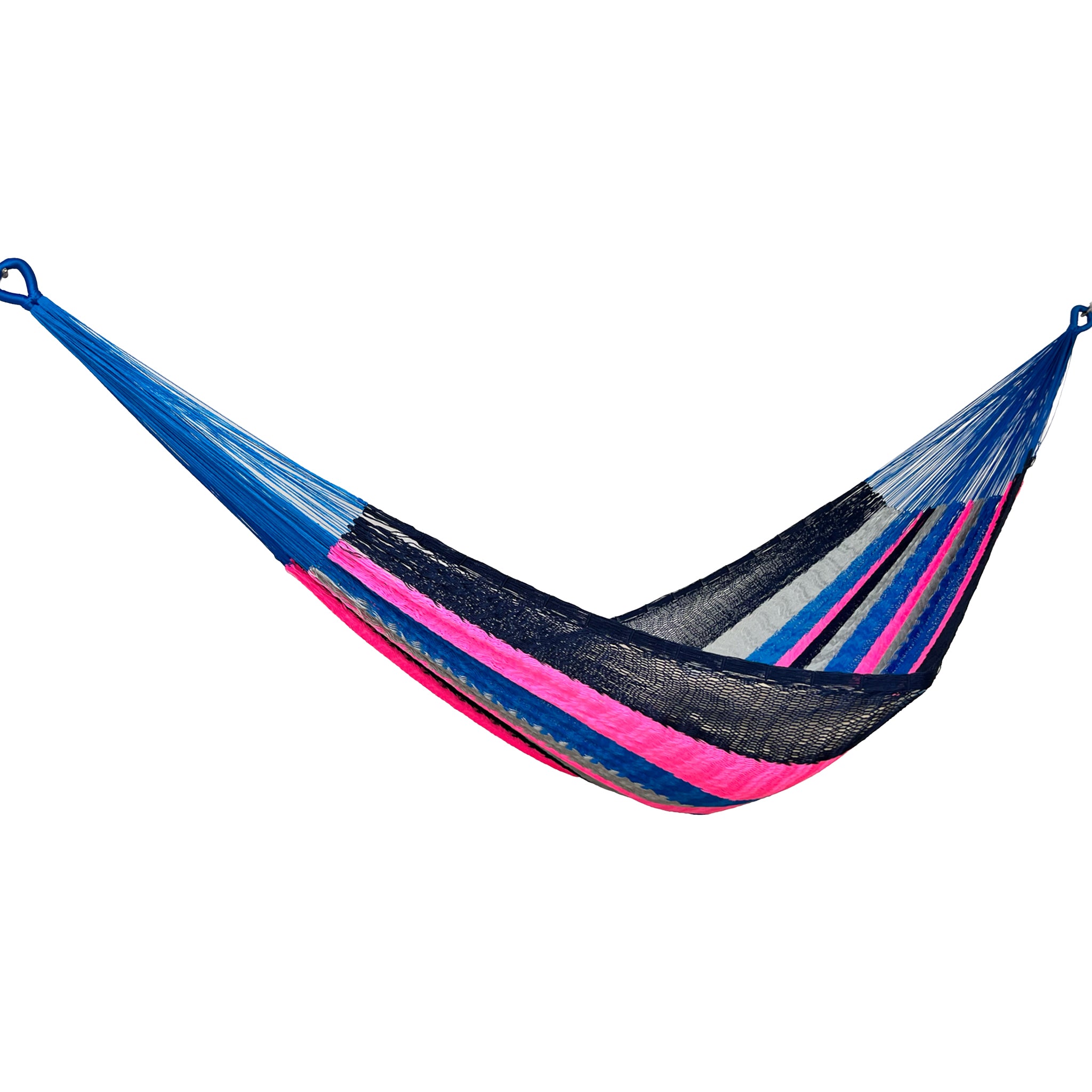 Hamaca Yucateca artesanal de nylon hilo 18 rayada multicolor vista lateral