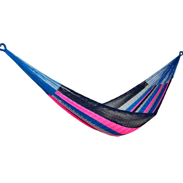 Hamaca Yucateca artesanal de nylon hilo 18 rayada multicolor vista lateral