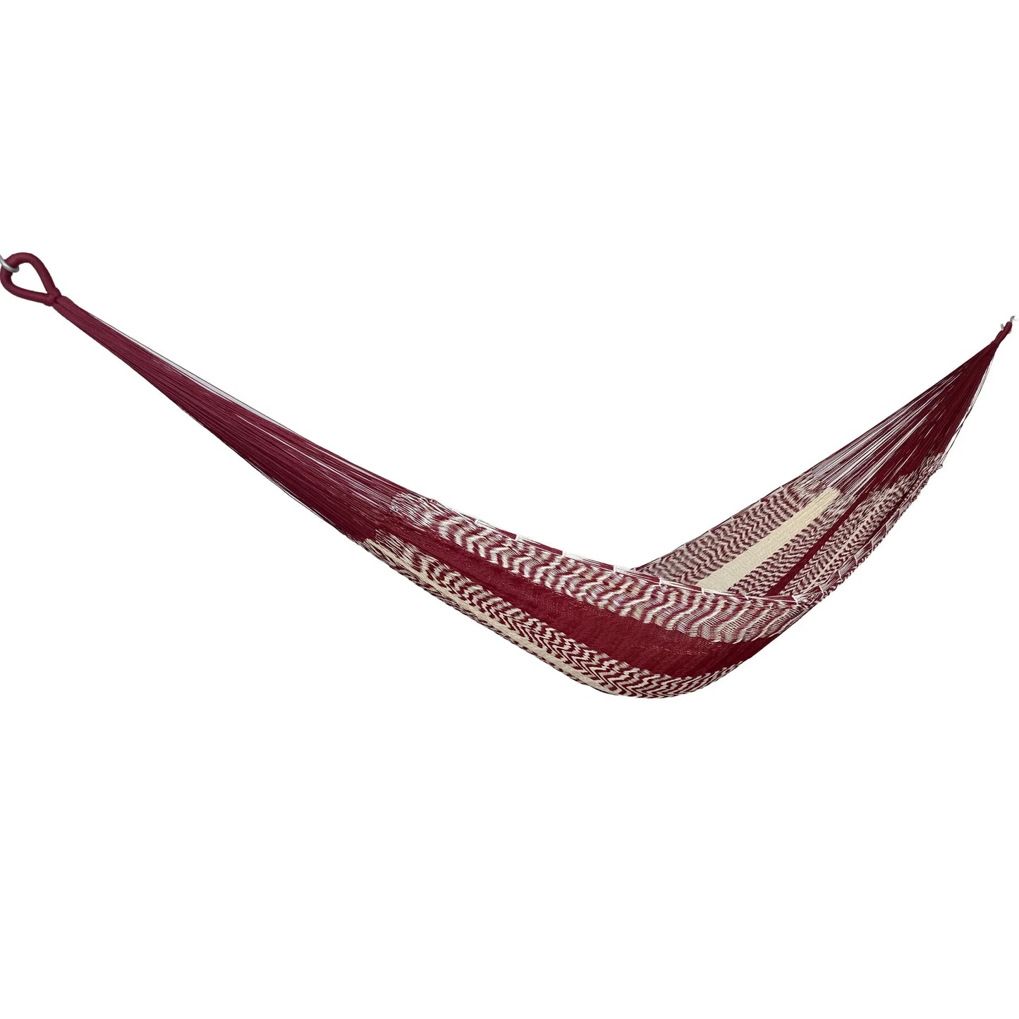 Hamaca Yucateca artesanal de nylon hilo 18 color rojo vino y beige vista lateral