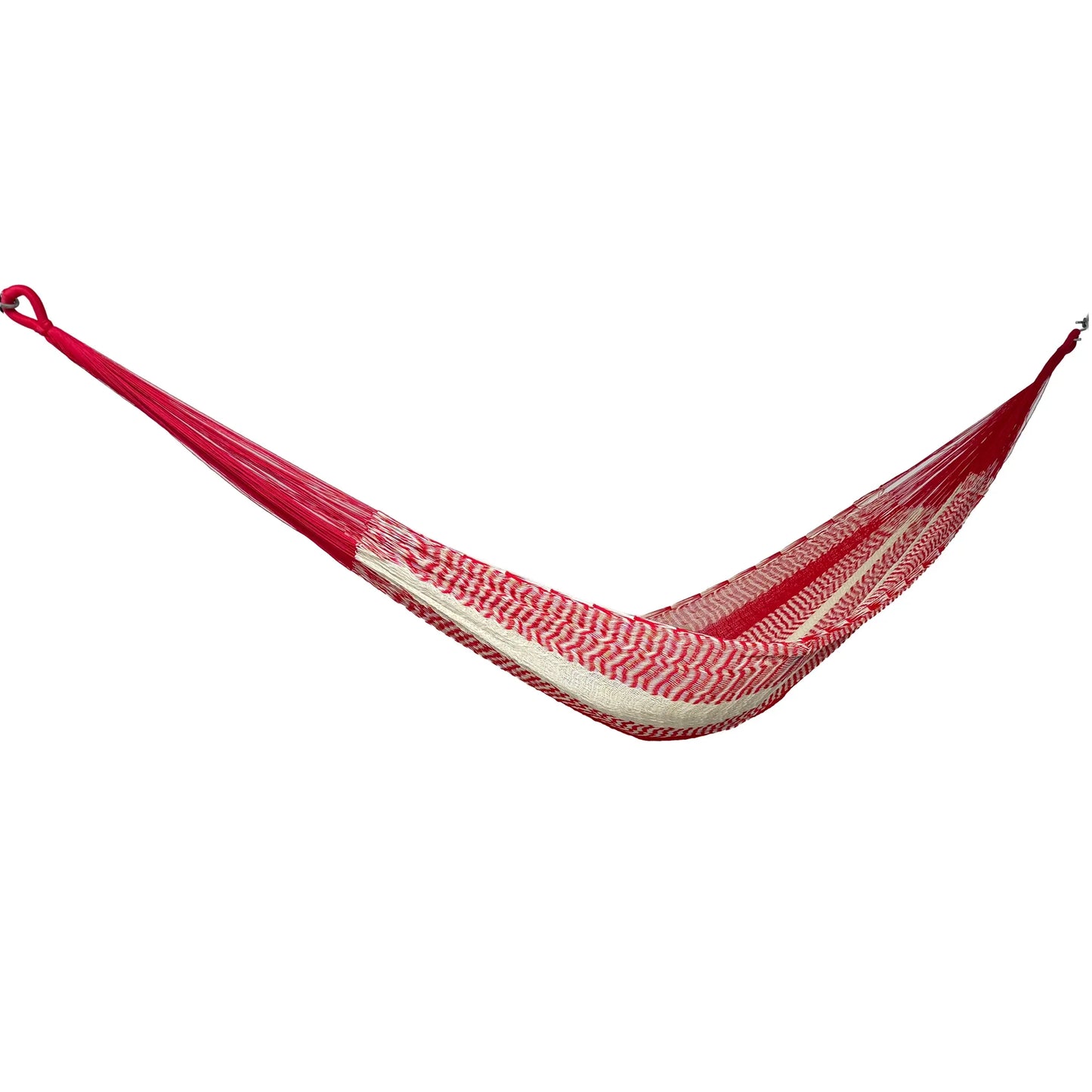 Hamaca Yucateca artesanal de nylon hilo 18 color rojo y beige vista lateral