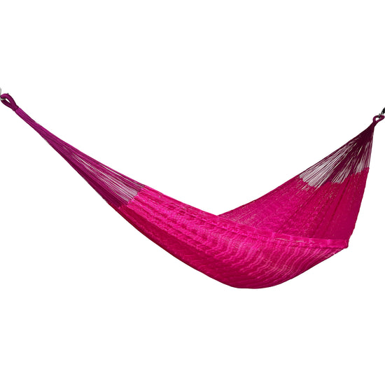 Hamaca Yucateca artesanal de nylon hilo 18 color rosa vista lateral