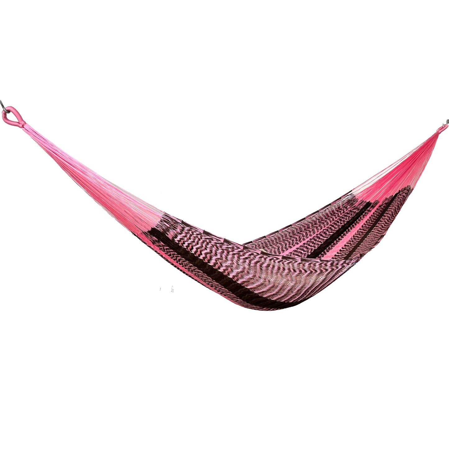 Hamaca Yucateca artesanal de nylon hilo 18 color rosa y café oscuro vista lateral