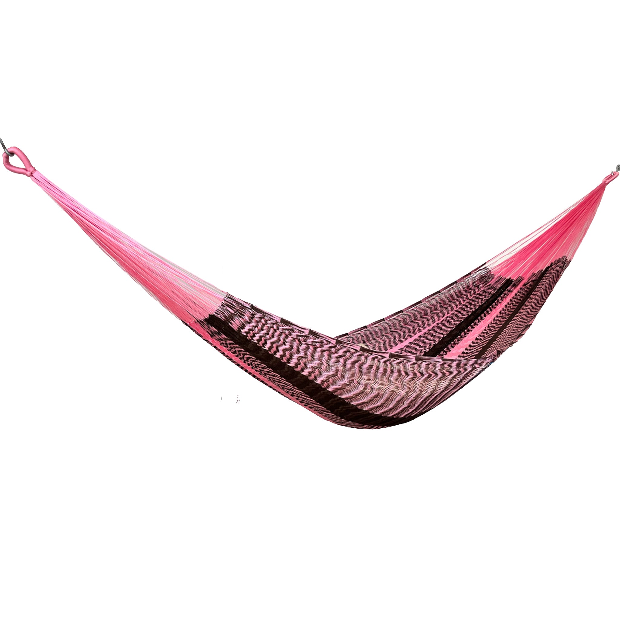Hamaca Yucateca artesanal de nylon hilo 18 color rosa y café oscuro vista lateral