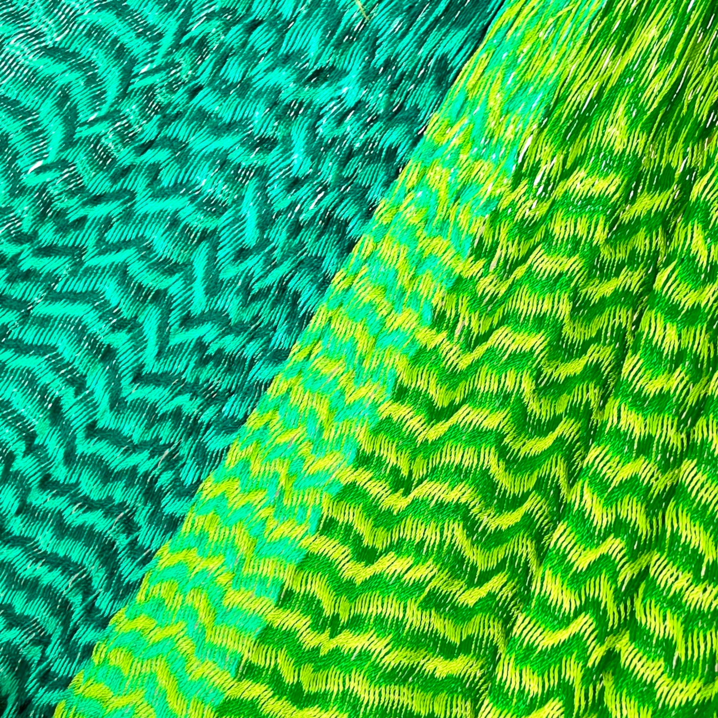Detalle del tejido de nylon hilo 18 de la hamaca Yucateca artesanal verde claro y oscuro