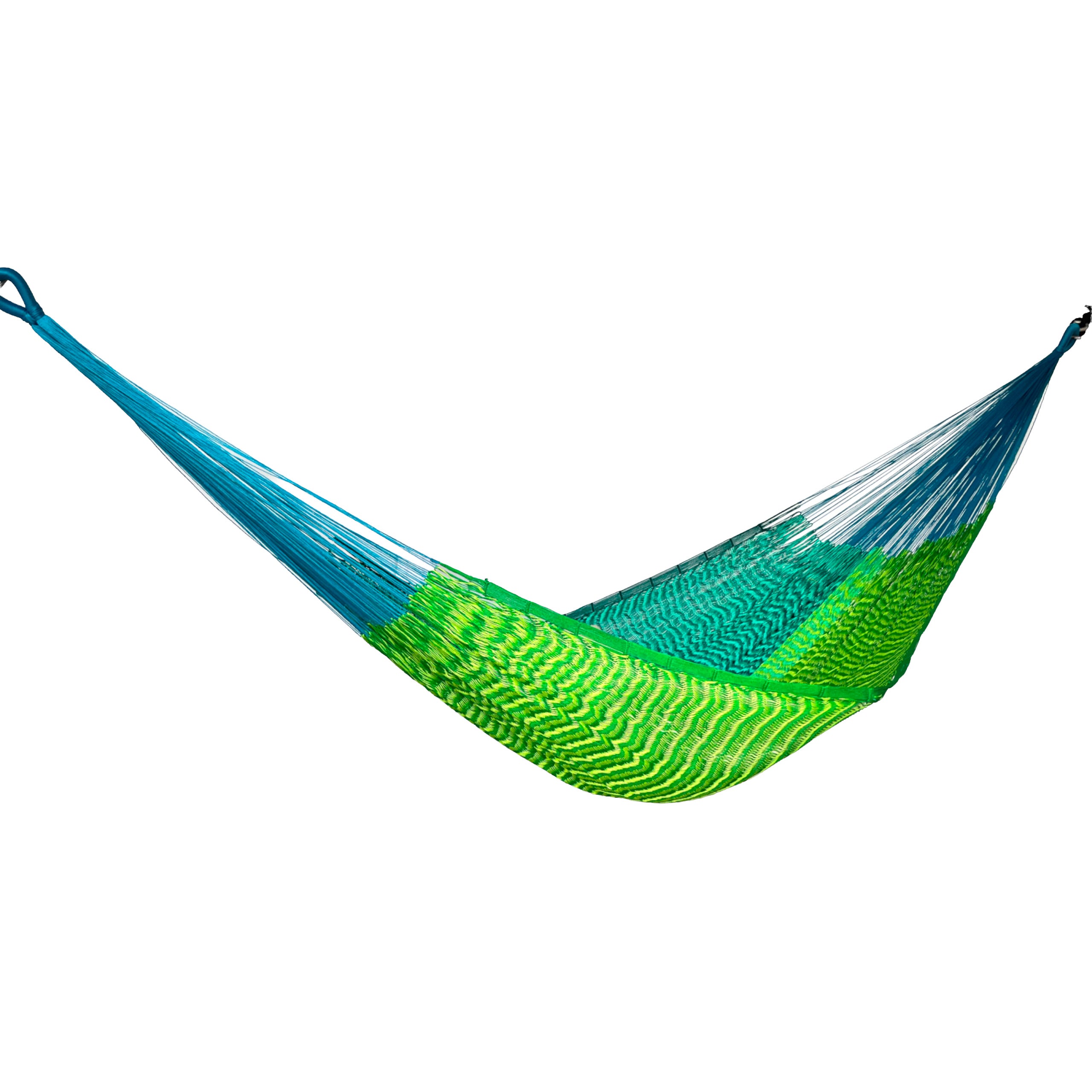 Hamaca Yucateca artesanal de nylon hilo 18 color verde claro y oscuro vista lateral