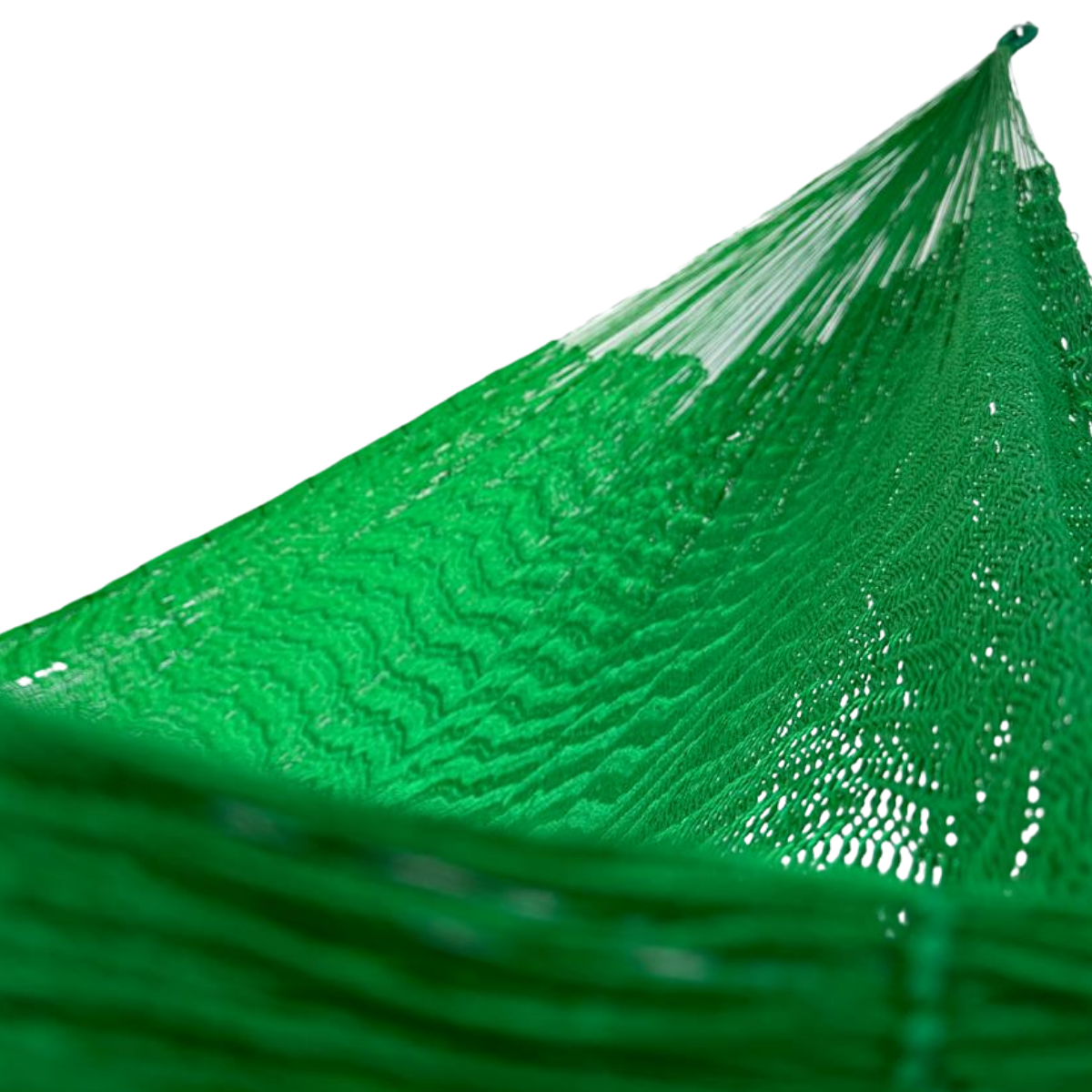 Interior mostrando brazo y tejido de hamaca Yucateca artesanal de nylon hilo 18 color verde