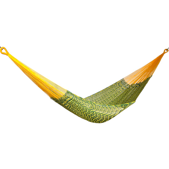 Hamaca Yucateca artesanal de nylon hilo 18 color verde y amarillo vista lateral