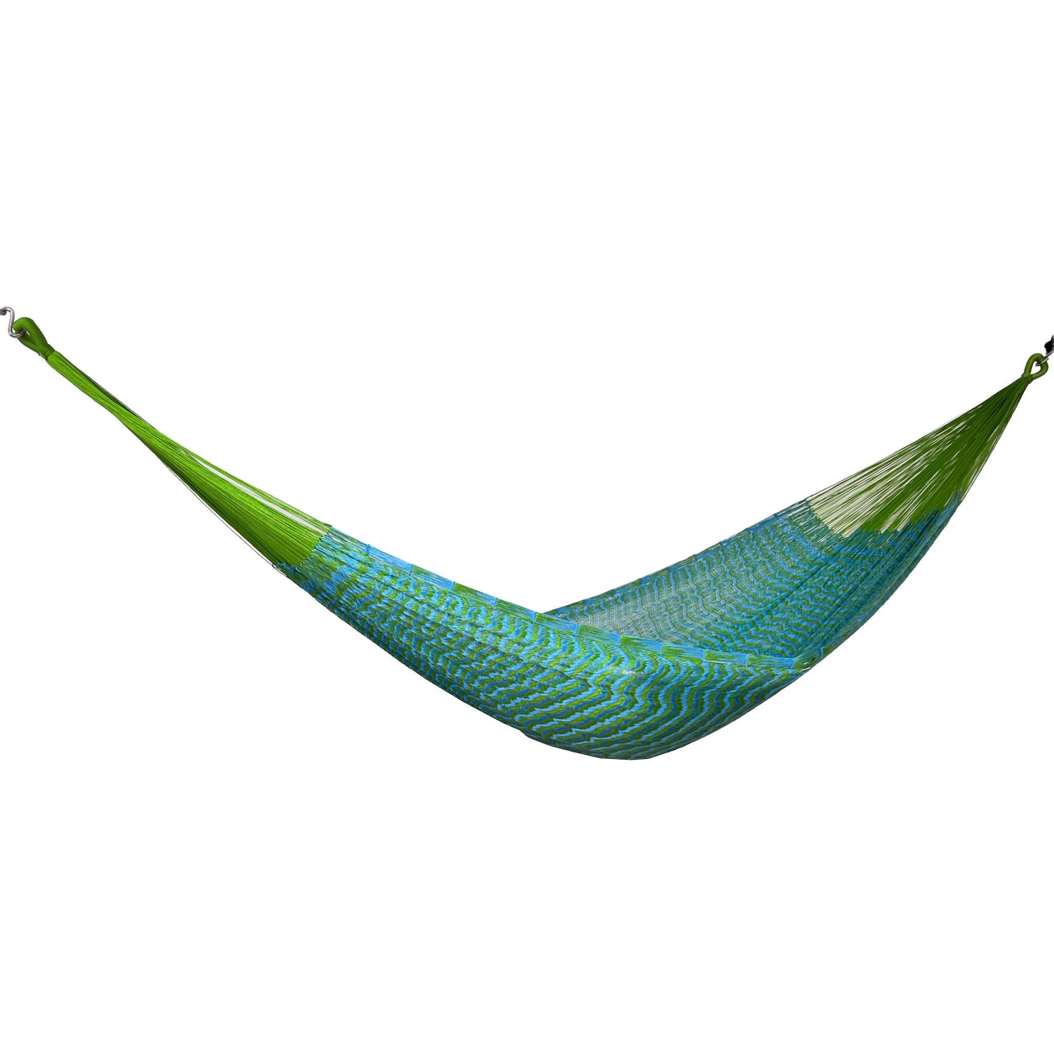 Hamaca Yucateca artesanal de nylon hilo 18 color verde y azul vista lateral