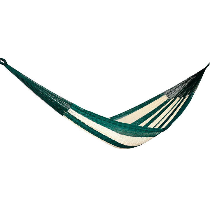 Hamaca Yucateca artesanal de nylon hilo 18 color verde y beige vista lateral