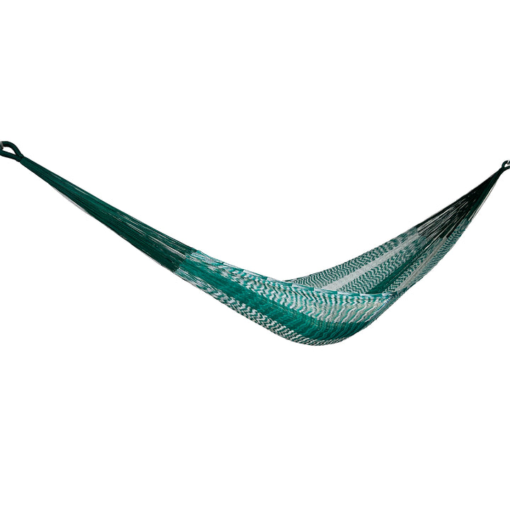 Hamaca Yucateca artesanal de nylon hilo 18 color verde y gris vista lateral