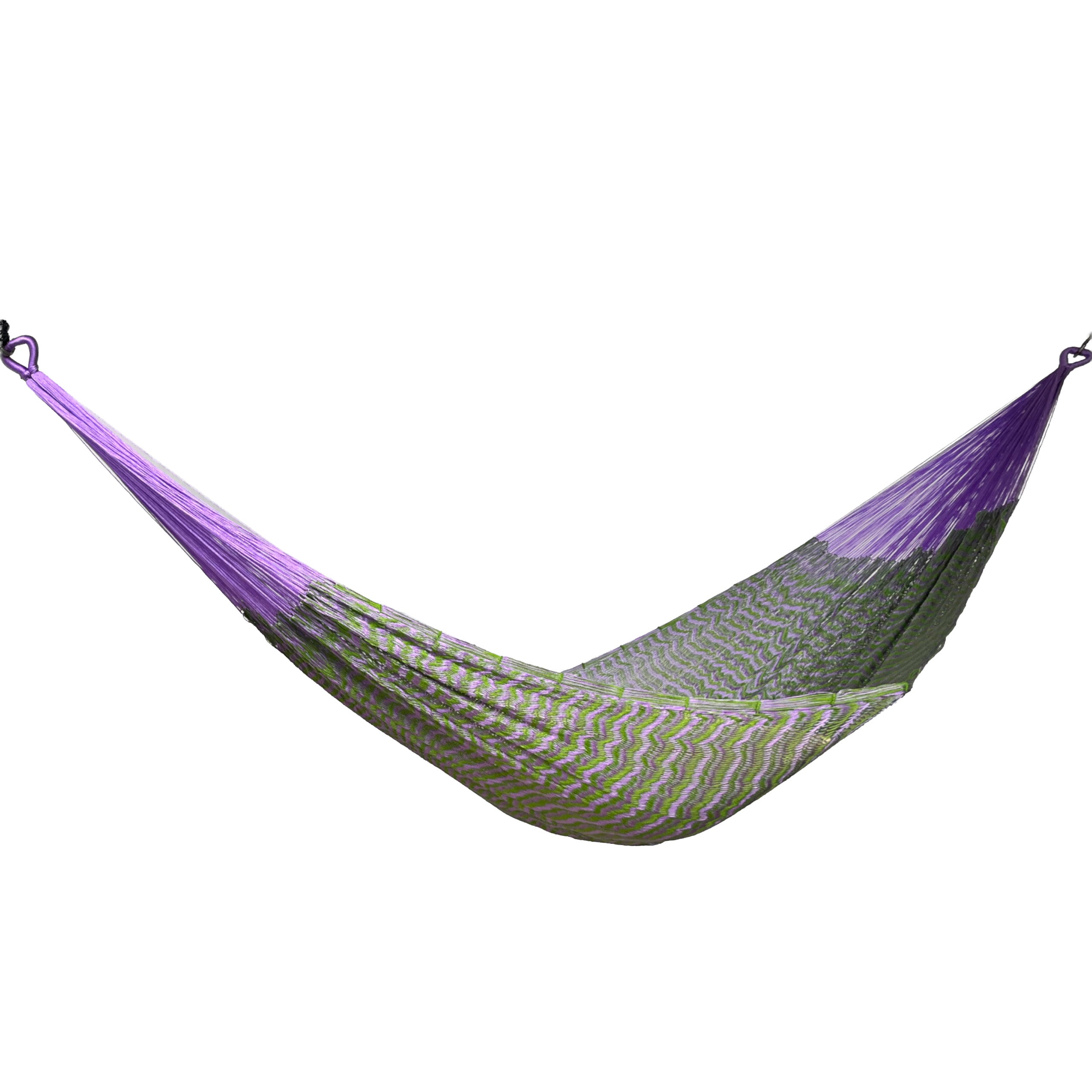 Hamaca Yucateca artesanal de nylon hilo 18 color verde y morado vista lateral