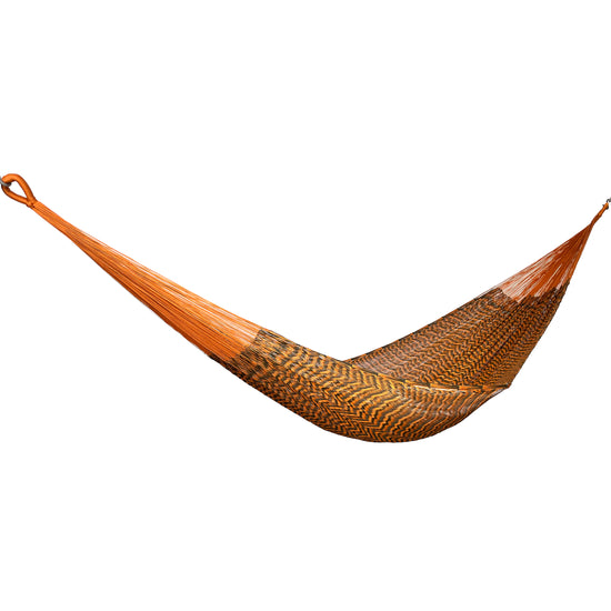 Hamaca Yucateca artesanal de nylon hilo 18 color verde y naranja vista lateral