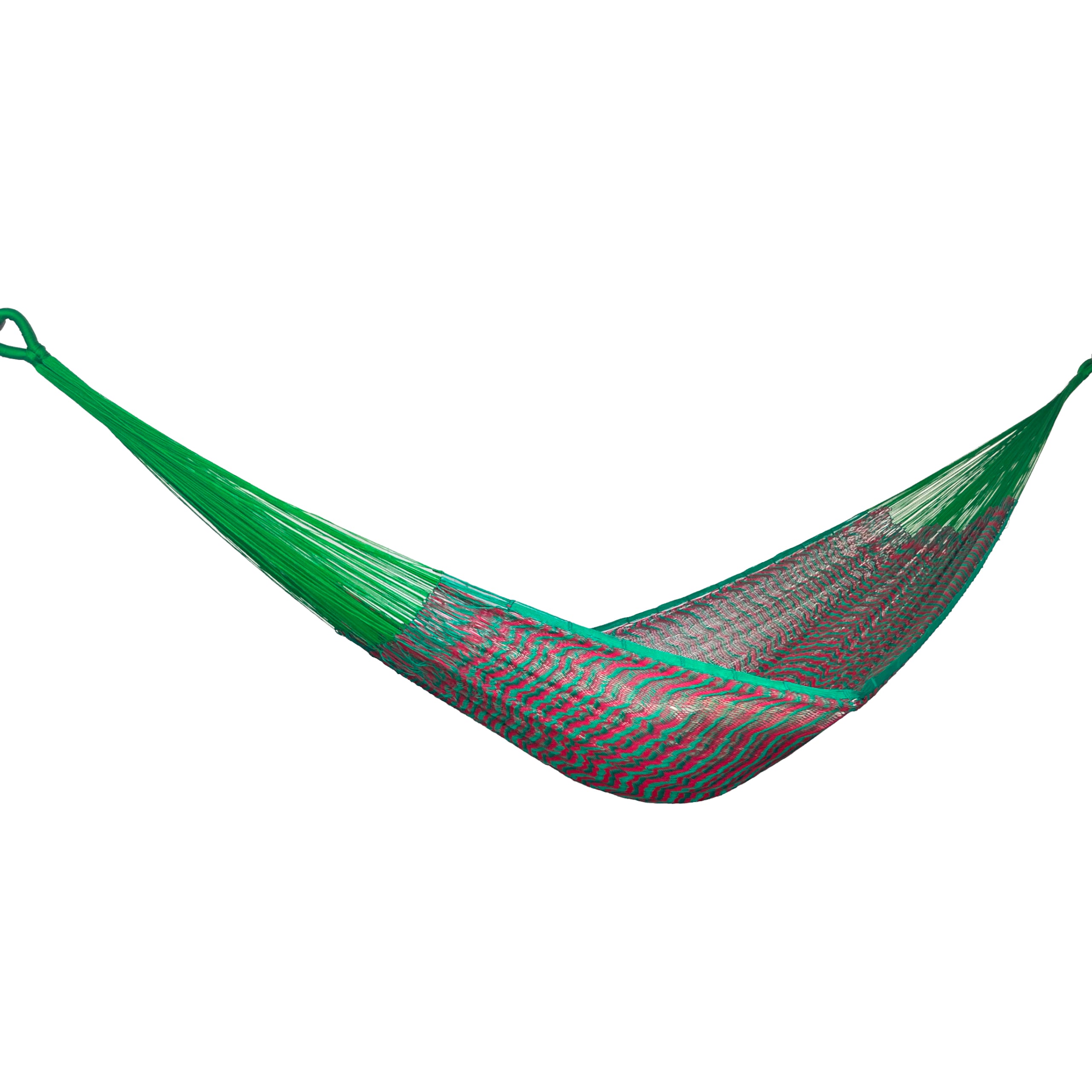 Hamaca Yucateca artesanal de nylon hilo 18 color verde y rojo vista lateral