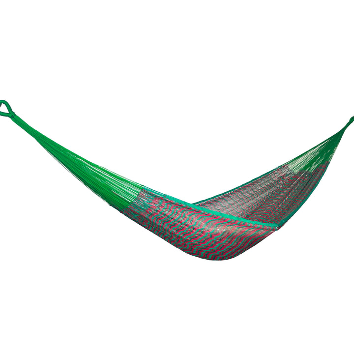 Hamaca Yucateca artesanal de nylon hilo 18 color verde y rojo vista lateral