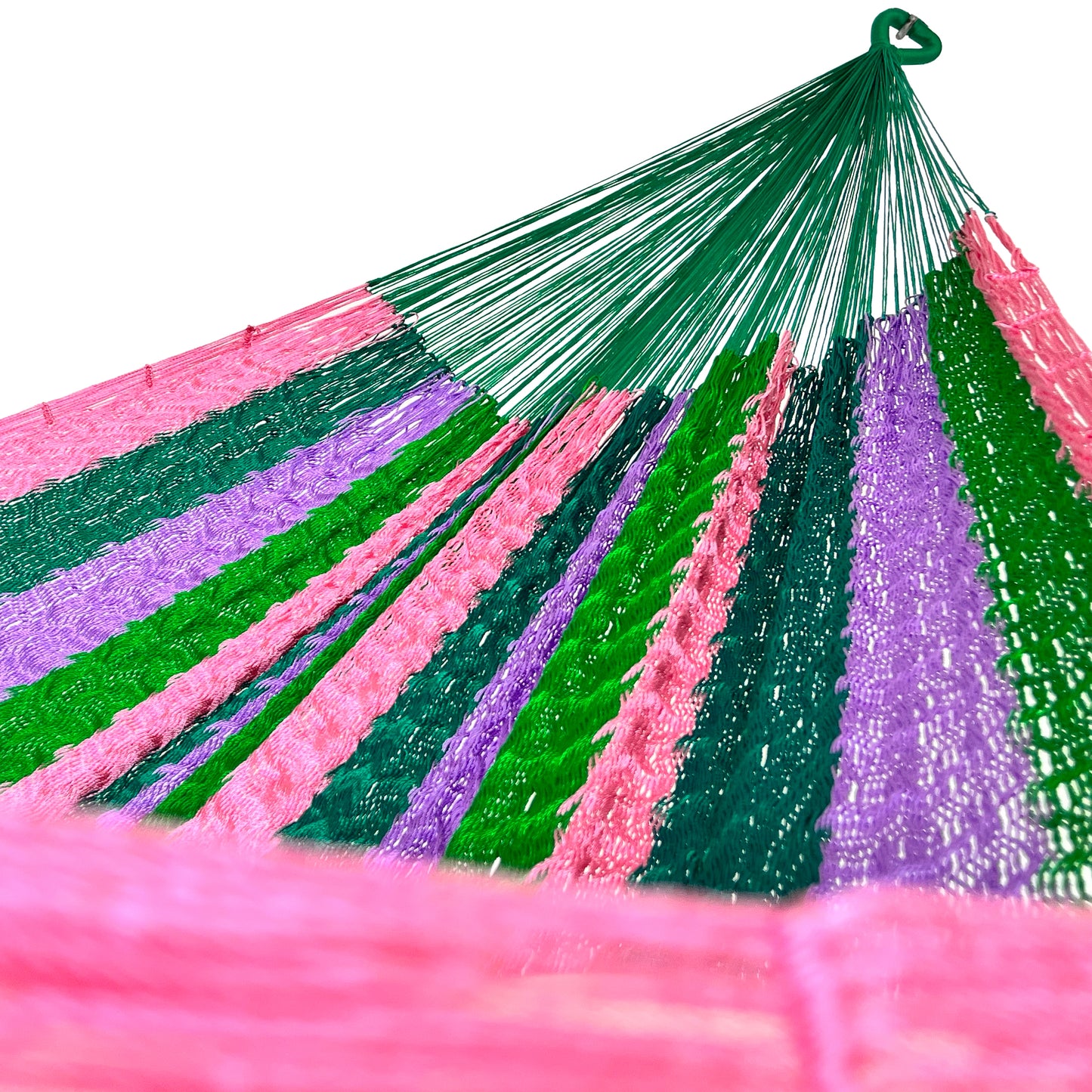 Interior mostrando brazo y tejido de hamaca Yucateca artesanal de nylon hilo 18 color verde y rosa