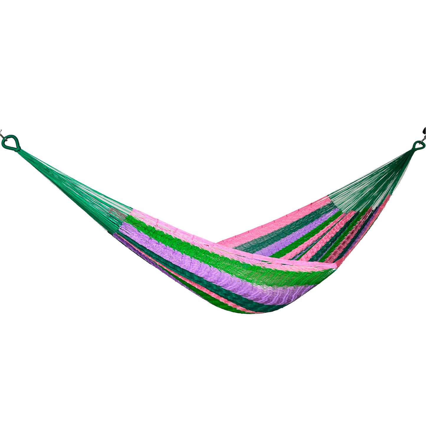 Hamaca Yucateca artesanal de nylon hilo 18 color verde y rosa vista lateral
