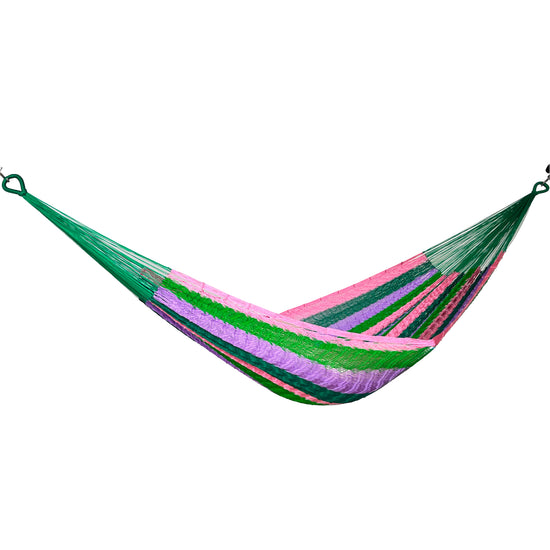 Hamaca Yucateca artesanal de nylon hilo 18 color verde y rosa vista lateral