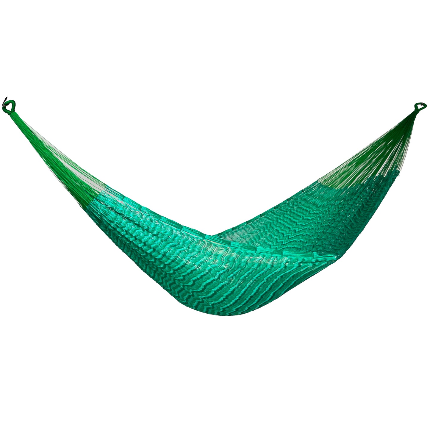 Hamaca Yucateca artesanal de nylon hilo 18 en tonos verdes vista lateral