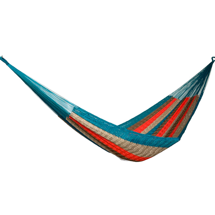 Hamaca Yucateca artesanal de nylon hilo grueso rayada multicolor vista lateral