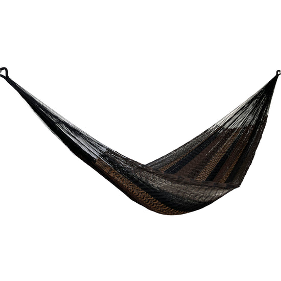 Hamaca yucateca artesanal de nylon suave café y negro vista de lado