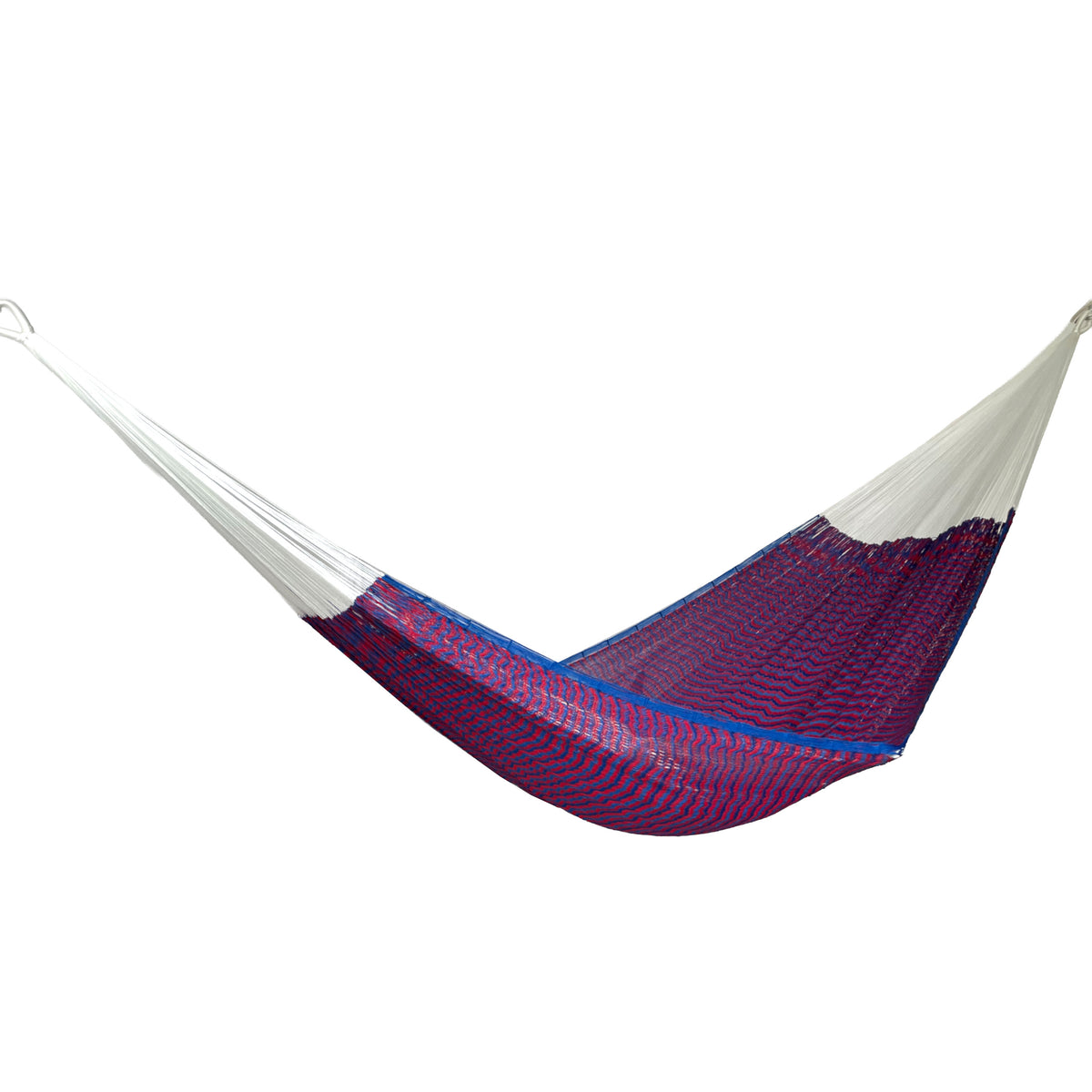 Hamaca Yucateca artesanal de nylon suave color rojo y azul vista lateral