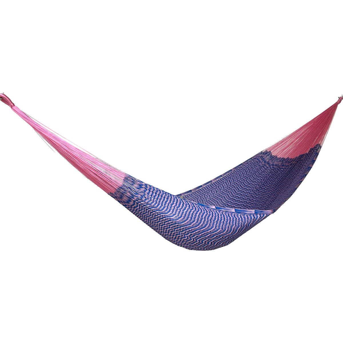 Hamaca yucateca artesanal de nylon suave rosa y azul vista de lado