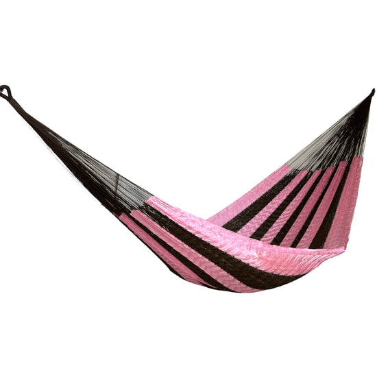 Hamaca yucateca artesanal de nylon suave rosa y café vista de lado