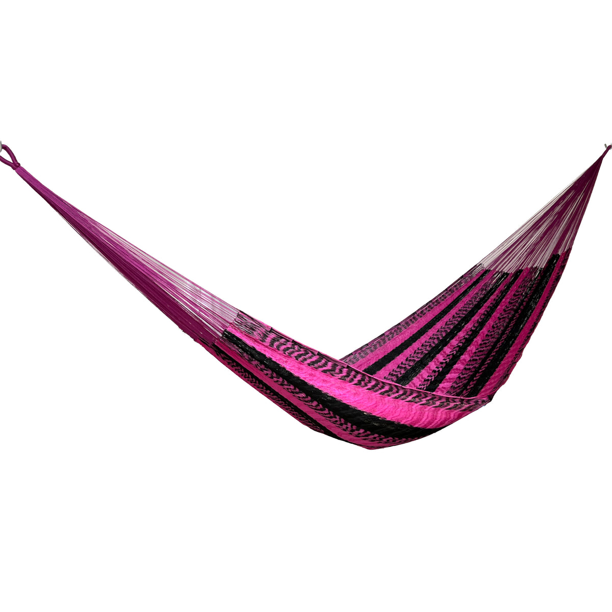 Hamaca yucateca artesanal de nylon suave rosa y negro vista de lado
