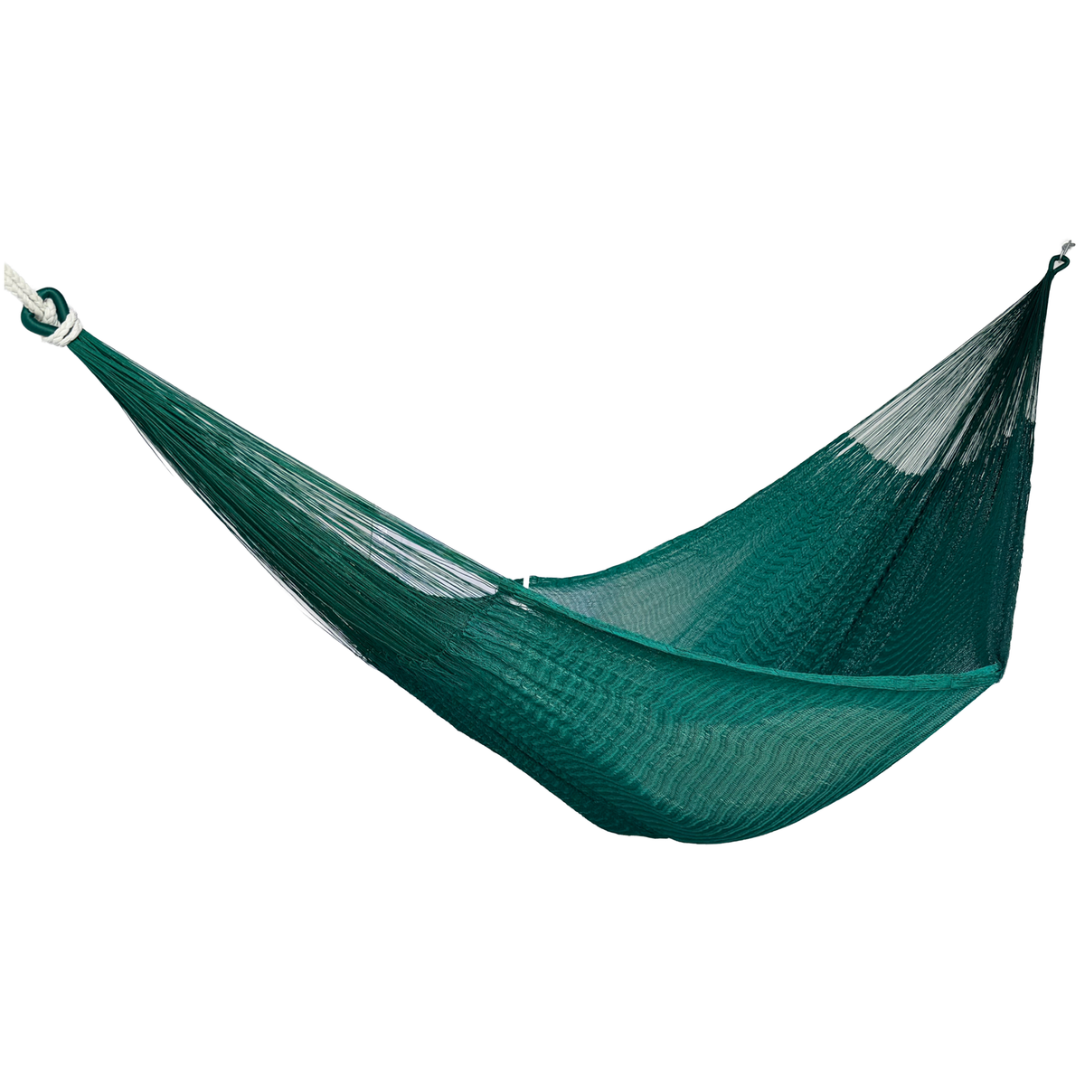 Hamaca Yucateca artesanal de nylon suave color verde oscuro colgada y abierta