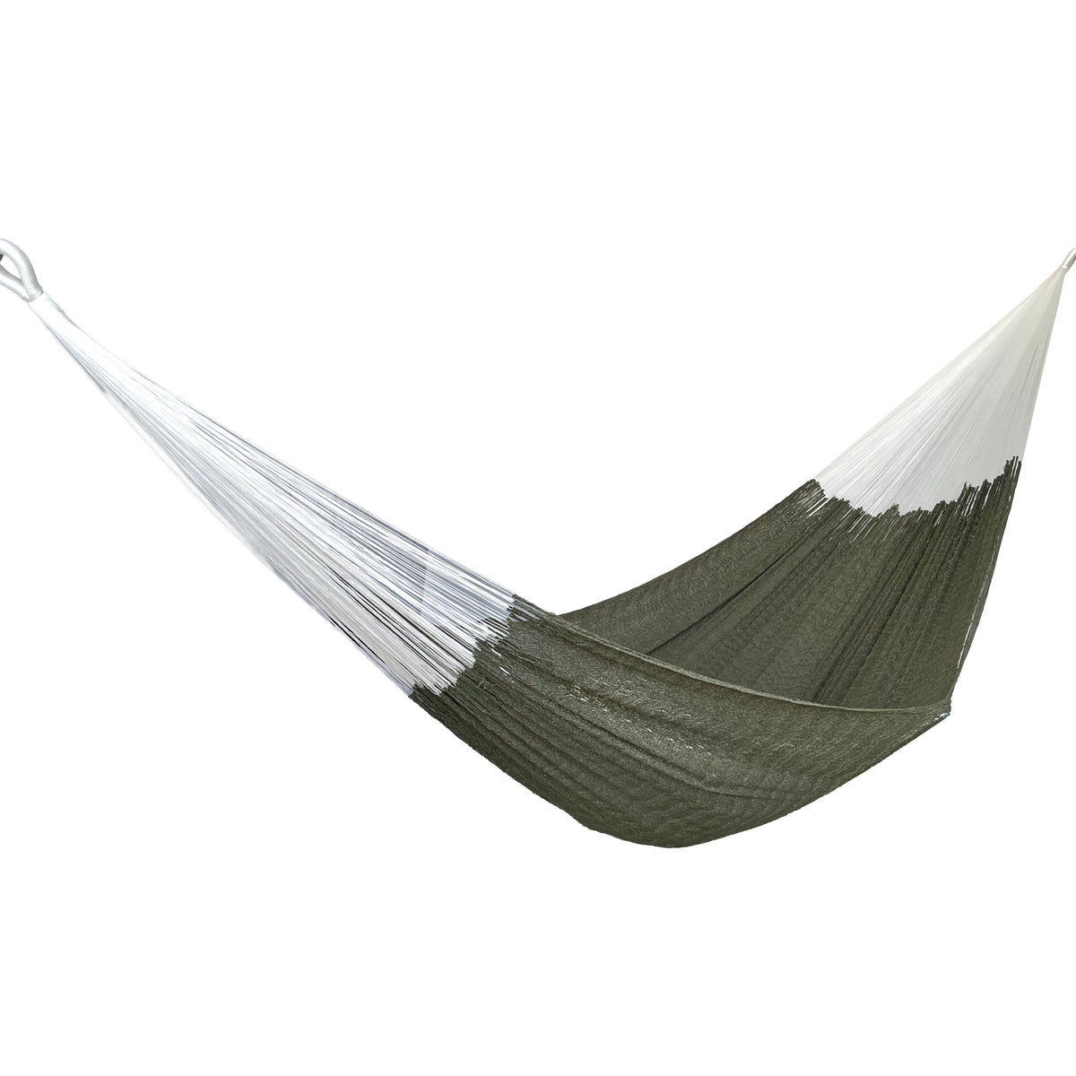 Hamaca Yucateca artesanal de algodón King Size color verde oliva vista lateral
