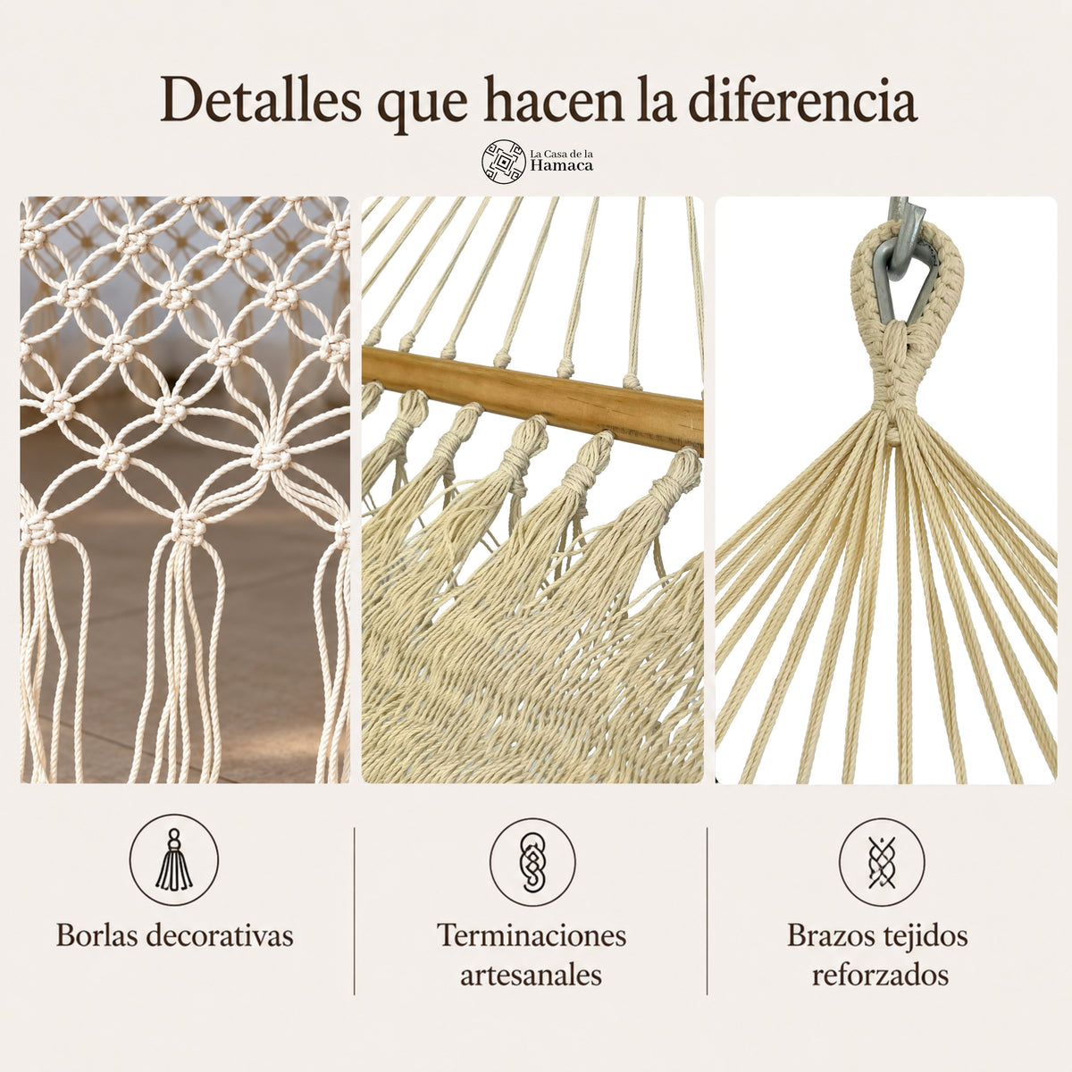 Acercamientos de los flecos decorativos de macramé, las uniones del tejido con la barra de madera y los brazos de sujeción de una hamaca artesanal yucateca.