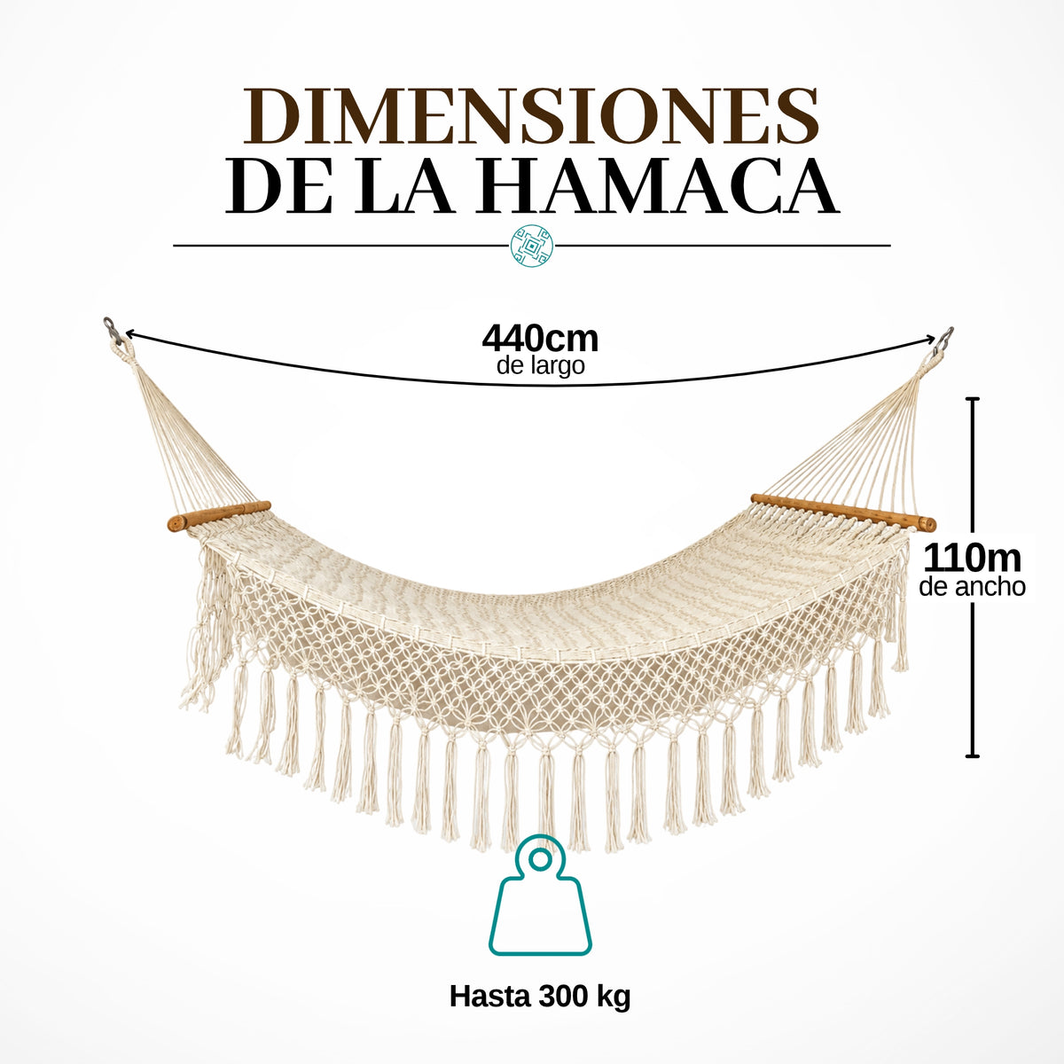 Diagrama de medidas de hamaca yucateca artesanal de nylon con barras de madera, 440 cm de largo, 110 cm de ancho y capacidad máxima de 300 kg.