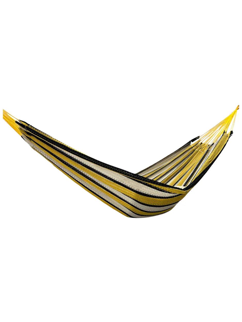 Hamaca amarilla con beige y negro grande de algodón vista de lado