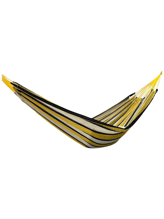 Hamaca amarilla con beige y negro grande de algodón vista de lado