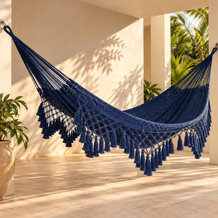 Hamaca artesanal de algodón azul con macramé instalada en una terraza cubierta de tonos cálidos, con plantas tropicales y luz natural.