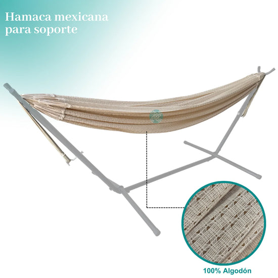 Hamaca mexicana beige de algodón colocada en base, con zoom en tejido mostrando etiqueta 100% algodón, texto “Hamaca mexicana para soporte”