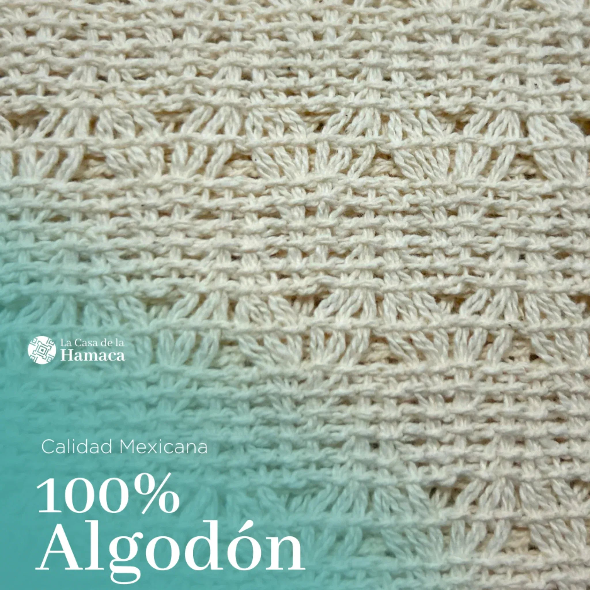 Detalle del tejido de hamaca mexicana beige de algodón, mostrando etiqueta 100% algodón