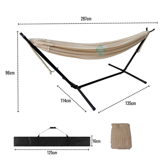 Kit de hamaca mexicana beige que incluye base metálica y hamaca de algodón, mostrando accesorios y medidas del producto