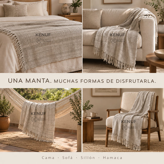 Manta mexicana de algodón color arena usada en cama, sofá, sillón y hamaca