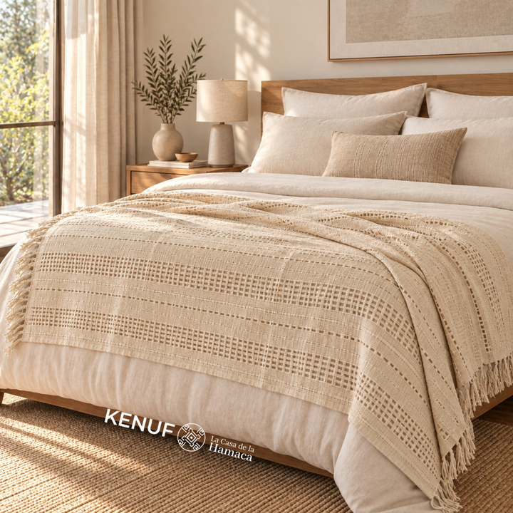 Manta mexicana de algodón color beige sobre cama en recámara