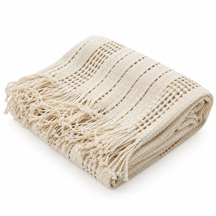 Manta mexicana de algodón color beige KENUF con tejido texturizado y flecos