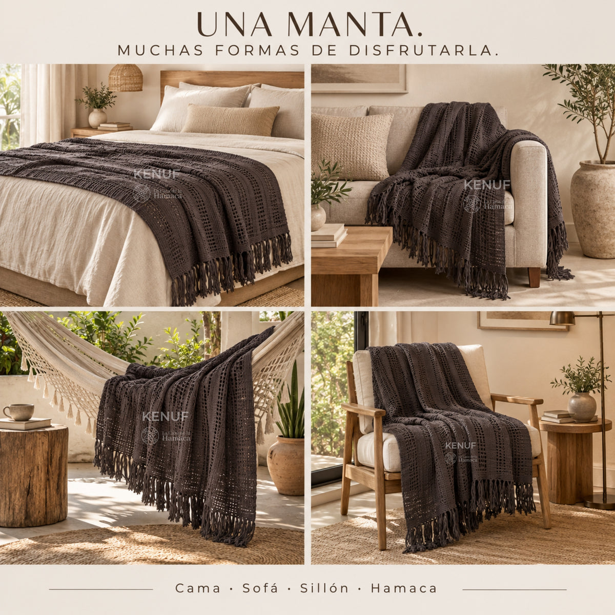 Manta mexicana de algodón color café usada en cama, sofá, sillón y hamaca
