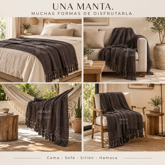 Manta mexicana de algodón color café usada en cama, sofá, sillón y hamaca
