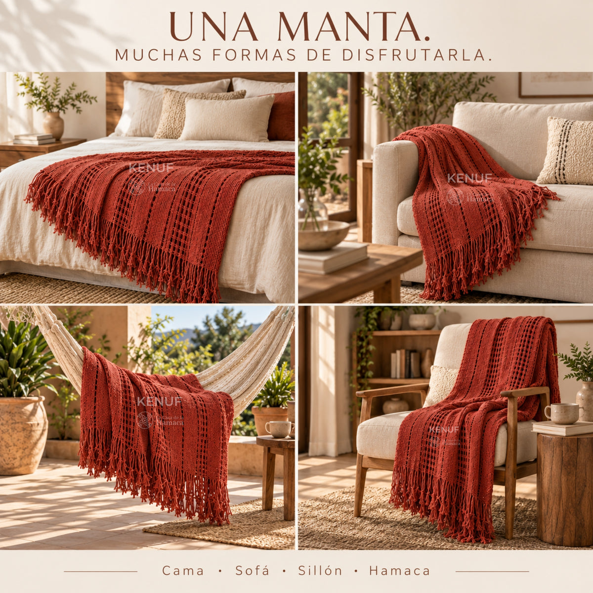 Manta mexicana de algodón color terracota usada en cama, sofá, sillón y hamaca