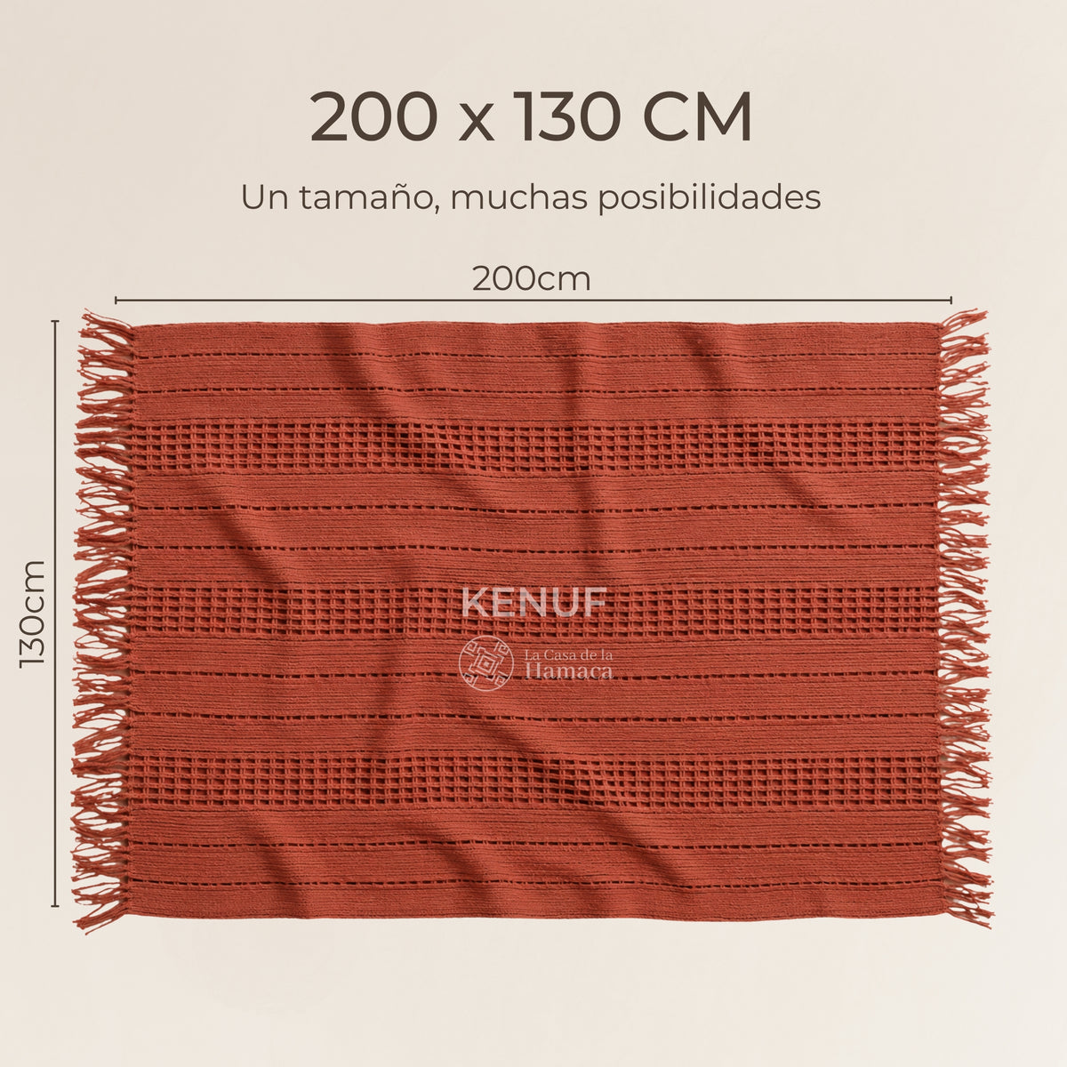 Manta mexicana de algodón color terracota extendida mostrando medidas de 200 x 130 cm