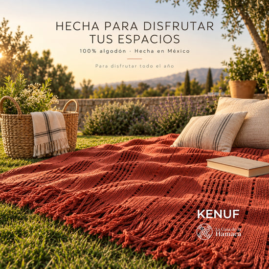 Manta mexicana de algodón color terracota extendida en exterior para descanso