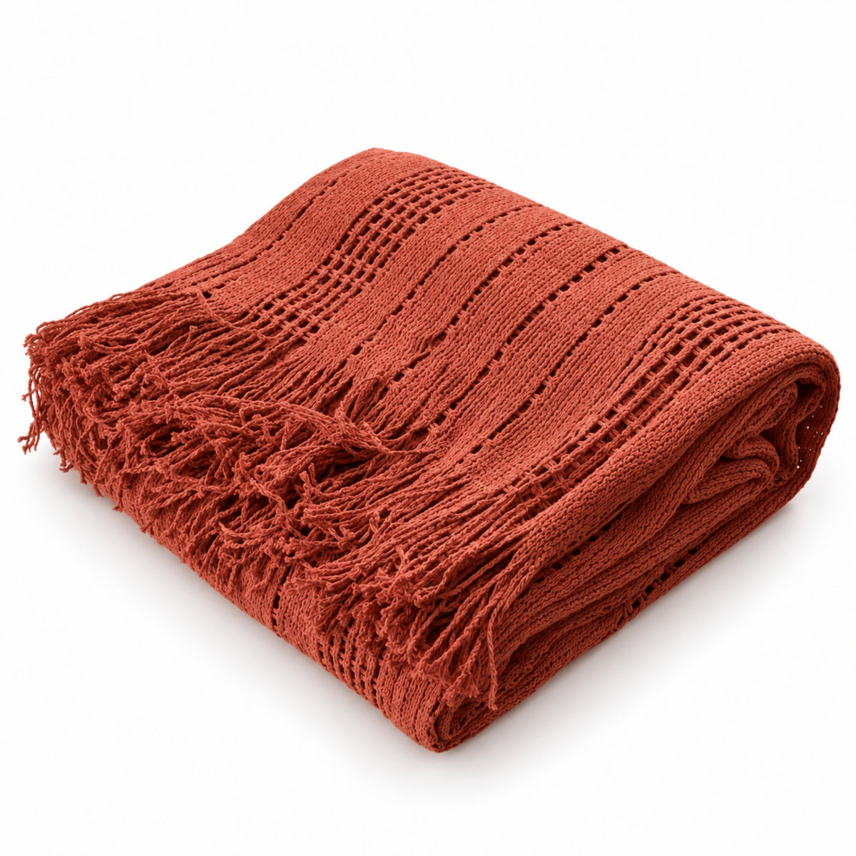 Manta mexicana de algodón color terracota KENUF con tejido texturizado y flecos