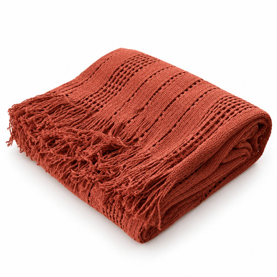 Manta mexicana de algodón color terracota KENUF con tejido texturizado y flecos