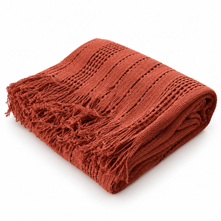 Manta mexicana de algodón color terracota KENUF con tejido texturizado y flecos