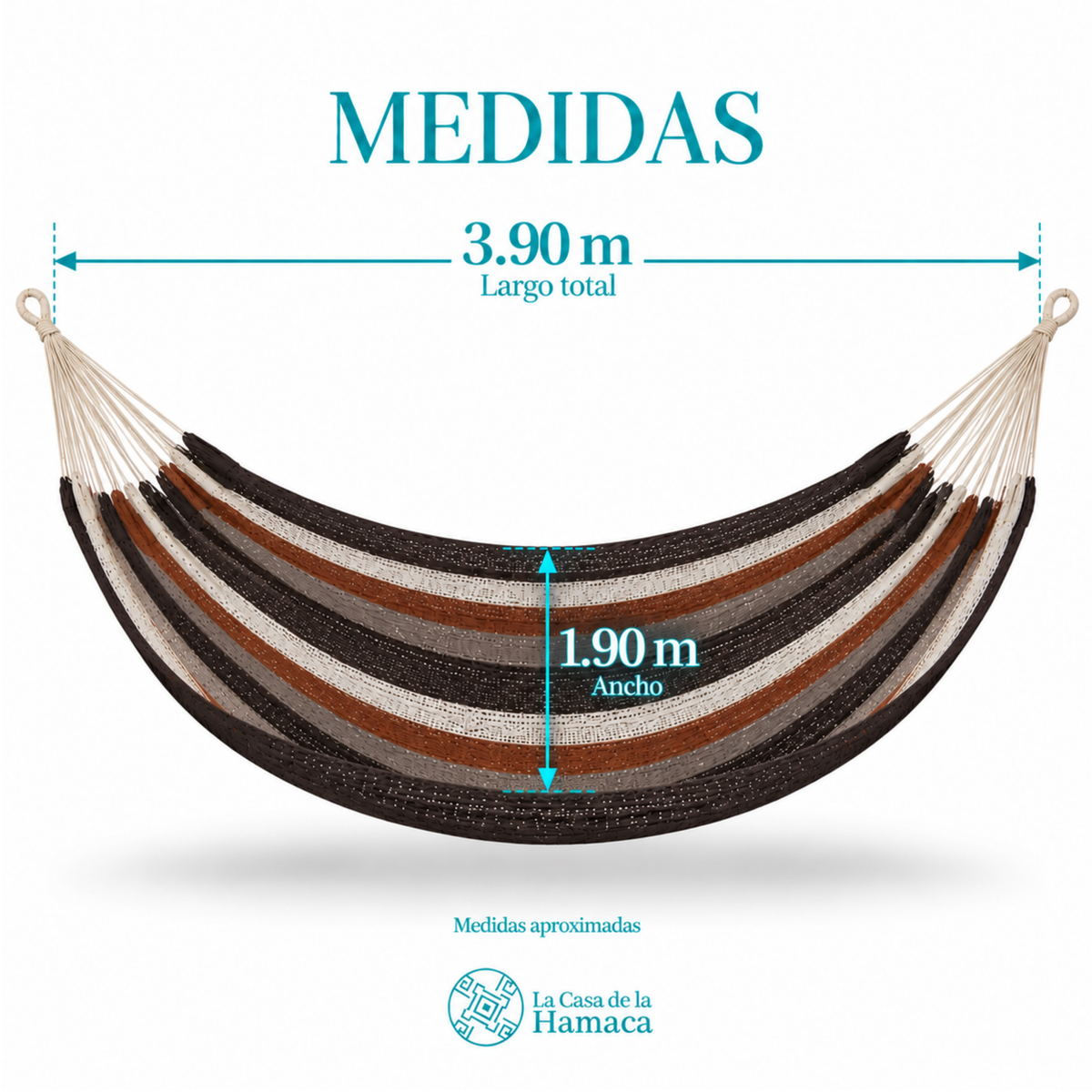 Medidas de hamaca Mexicana de algodón King Size mocaccino gris, 3.90 m de largo y 1.90 m de ancho.